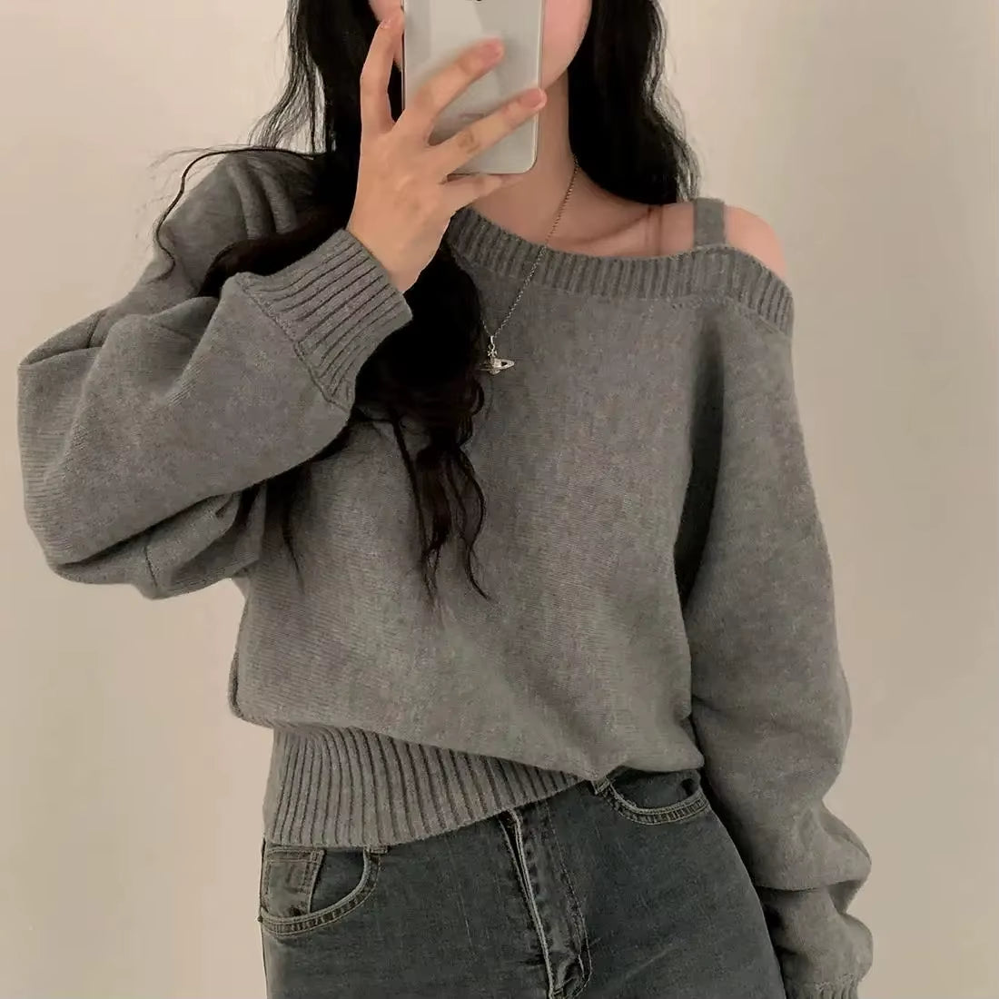 Korean Chic Off-The-Shoulder Tankbatwing Sleeve Knitted Top Sweater Polo Collar Sleeveless Knitted Pullover China Mainland Origi