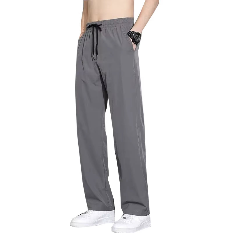 Ice Silk Men'S Pants Black Gray Thin Business Casual Loose Pants plus Size Outdoor Elastic Breathable Straight Leg Sweatpants