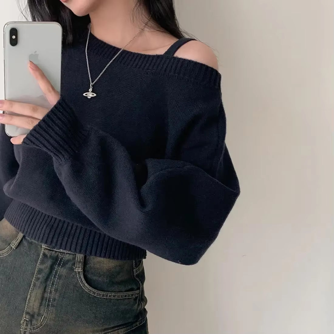 Korean Chic Off-The-Shoulder Tankbatwing Sleeve Knitted Top Sweater Polo Collar Sleeveless Knitted Pullover China Mainland Origi