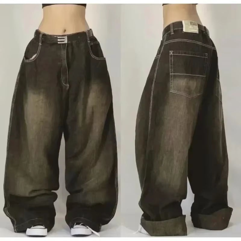 American Hip-Hop Retro Loose Jeans Women'S Y2K New Tide Harajuku High Waist Wide Leg Pants Gothic Wide Pants Street Pants Male