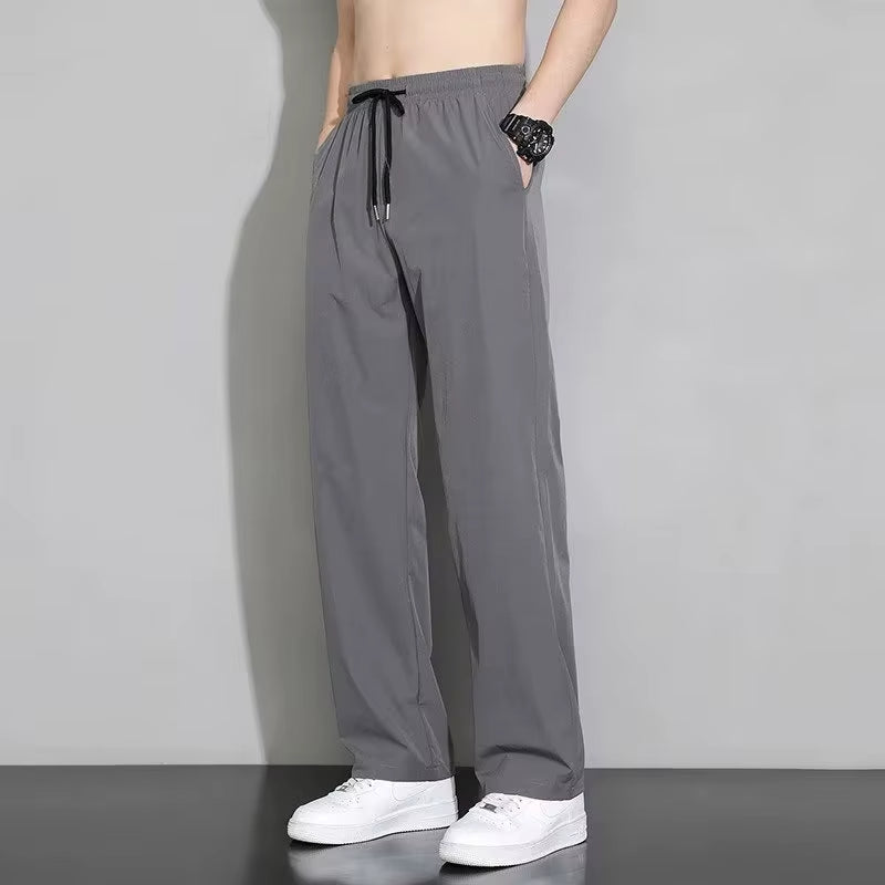 Ice Silk Men'S Pants Black Gray Thin Business Casual Loose Pants plus Size Outdoor Elastic Breathable Straight Leg Sweatpants
