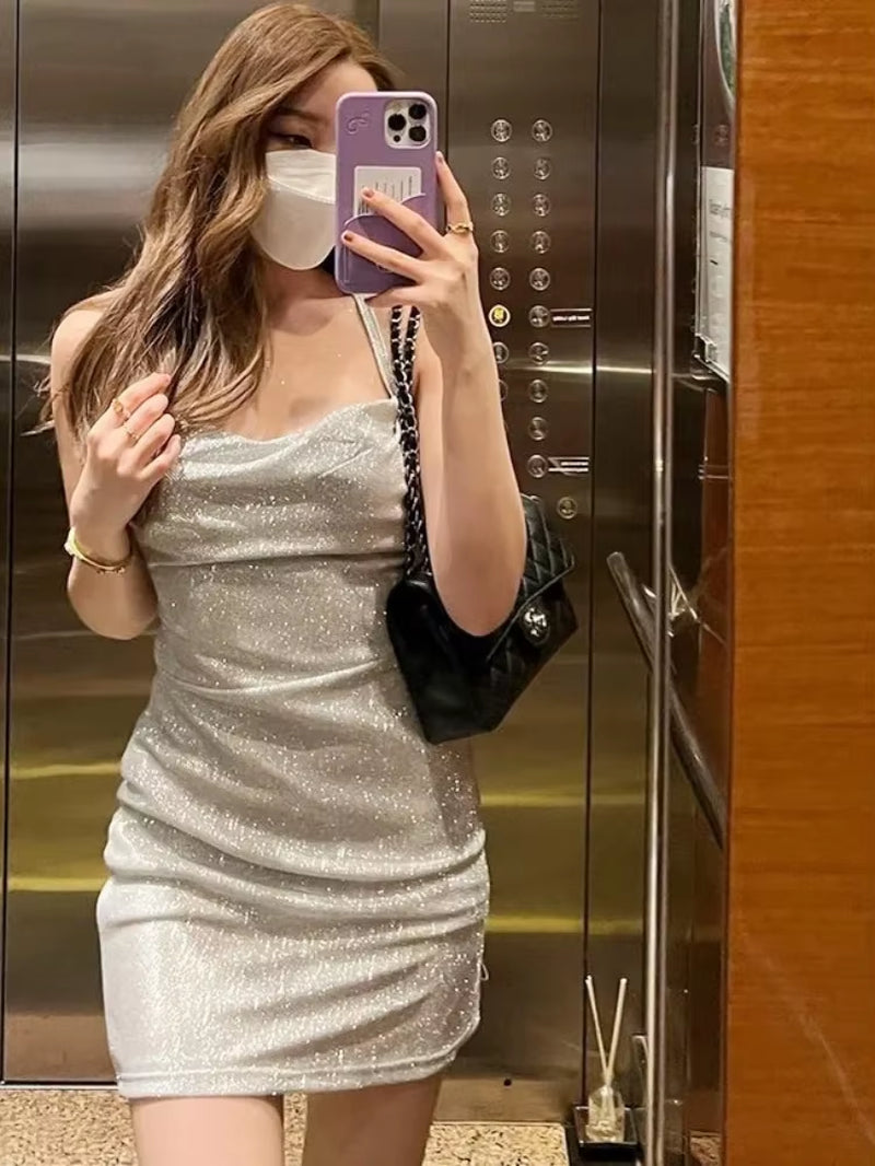 Bandage Tie Back Sexi Night Dress Hot Club Outfits Backless Bodycon Dress for Women Bright Silk Y2K Clothes Vestidos De Mujer