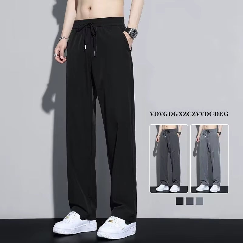 Ice Silk Men'S Pants Black Gray Thin Business Casual Loose Pants plus Size Outdoor Elastic Breathable Straight Leg Sweatpants