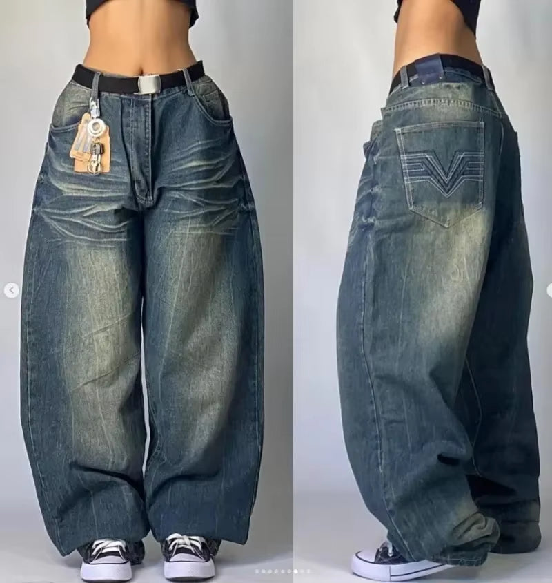 American Hip-Hop Retro Loose Jeans Women'S Y2K New Tide Harajuku High Waist Wide Leg Pants Gothic Wide Pants Street Pants Male