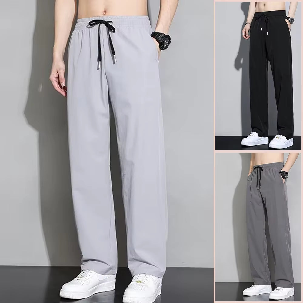 Ice Silk Men'S Pants Black Gray Thin Business Casual Loose Pants plus Size Outdoor Elastic Breathable Straight Leg Sweatpants