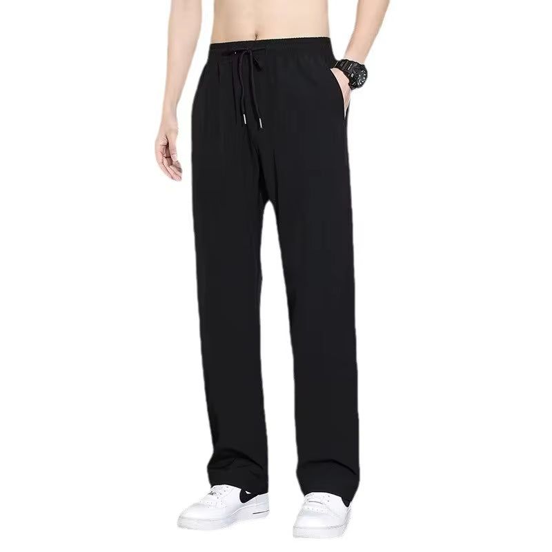 Ice Silk Men'S Pants Black Gray Thin Business Casual Loose Pants plus Size Outdoor Elastic Breathable Straight Leg Sweatpants