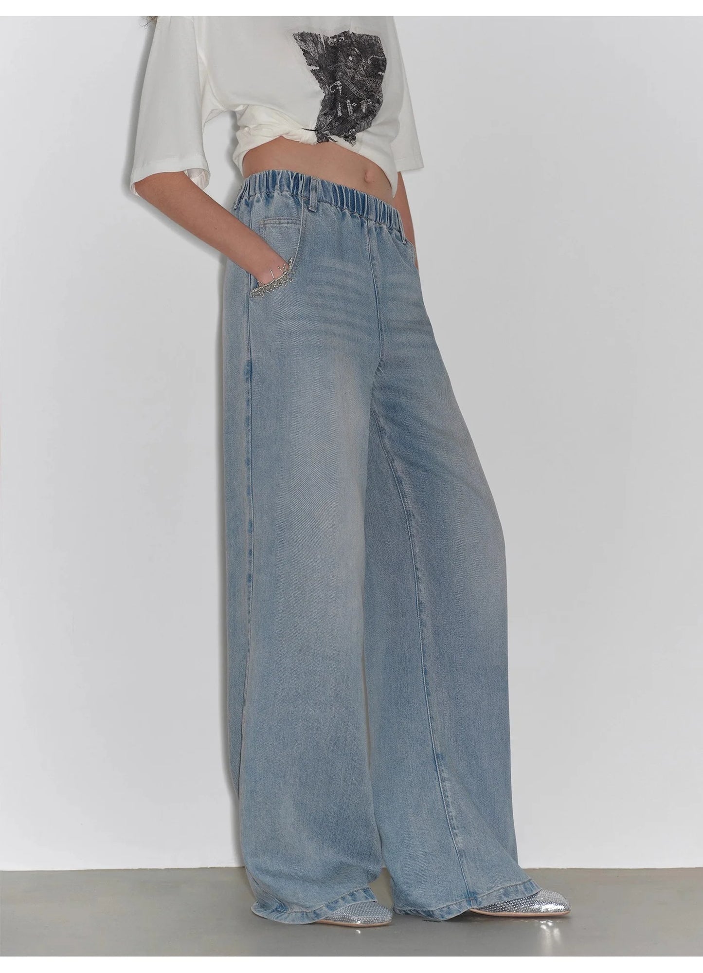 "Dream Street" Cool Lyocell Denim Drape Relaxed Elastic Waist Straight Leg Wide Leg Pants Summer