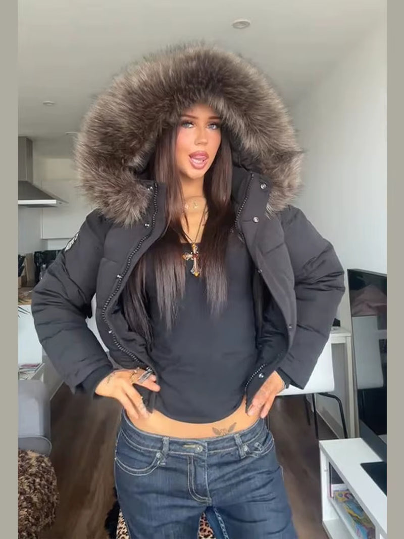Hooded Cotton Coats for Woman Fluffy Faux Fur Hood Zip Vintage Outwear Autumn Trendy Warmed Casual Women'S Outdoor Chic Clothes