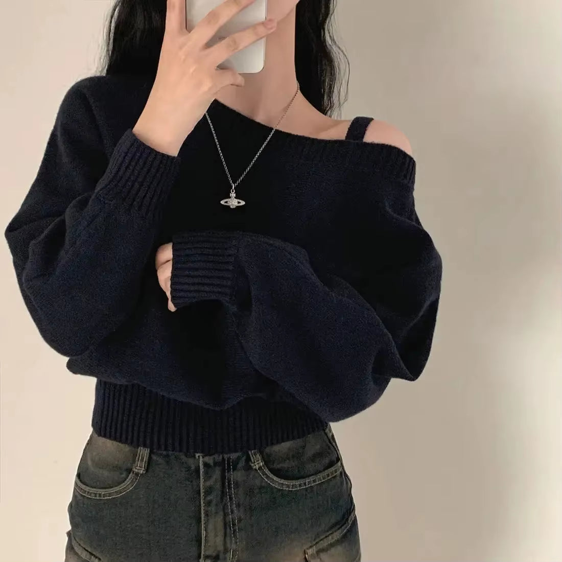 Korean Chic Off-The-Shoulder Tankbatwing Sleeve Knitted Top Sweater Polo Collar Sleeveless Knitted Pullover China Mainland Origi
