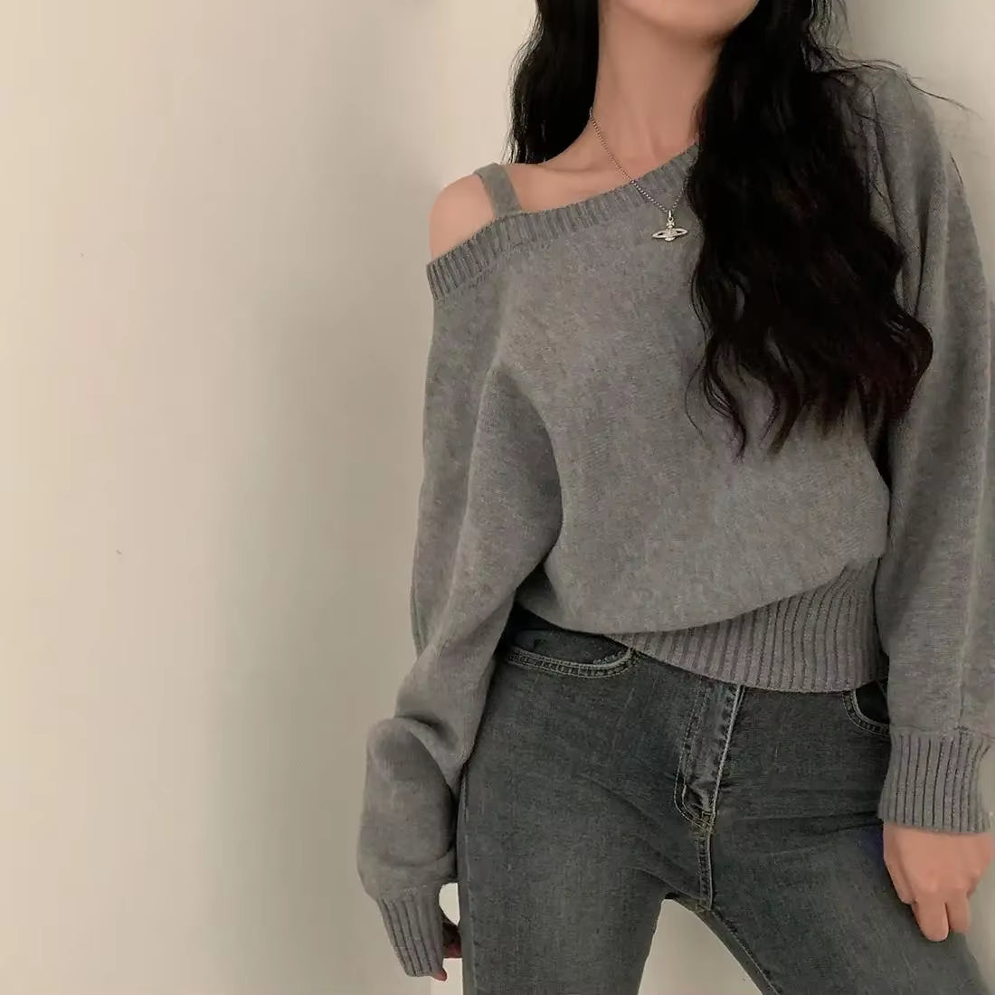 Korean Chic Off-The-Shoulder Tankbatwing Sleeve Knitted Top Sweater Polo Collar Sleeveless Knitted Pullover China Mainland Origi