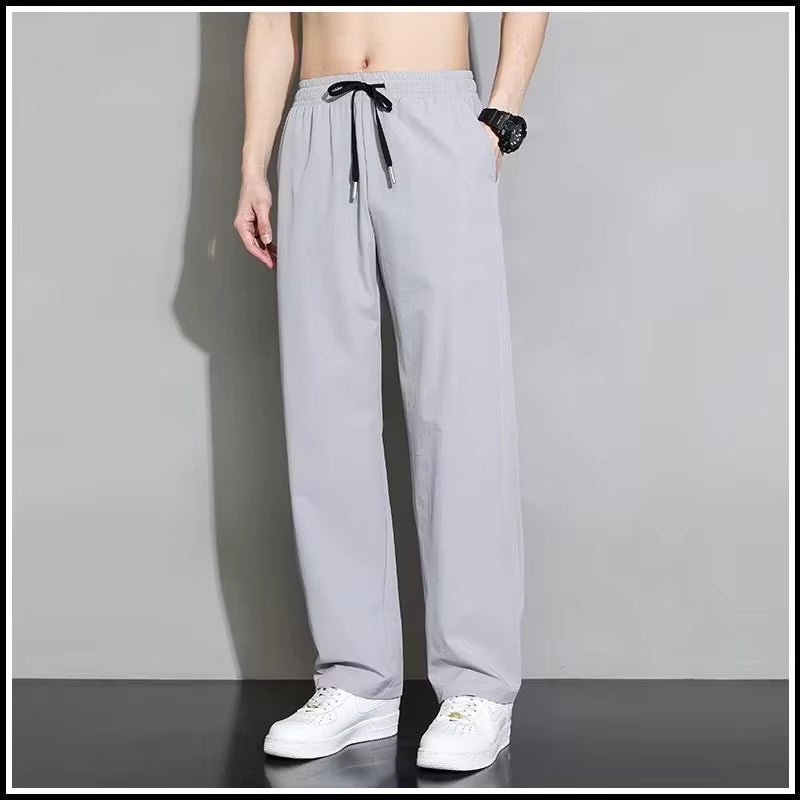 Ice Silk Men'S Pants Black Gray Thin Business Casual Loose Pants plus Size Outdoor Elastic Breathable Straight Leg Sweatpants