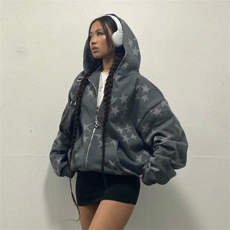 Stars Printed Zipper Hooded Cardigan Couple Fashion Outerwear Hoodies Sweatshirt Street Men Women Coat.