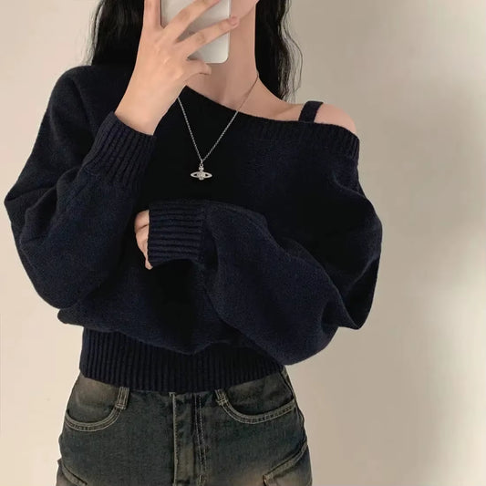 Korean Chic Off-The-Shoulder Tankbatwing Sleeve Knitted Top Sweater Polo Collar Sleeveless Knitted Pullover China Mainland Origi